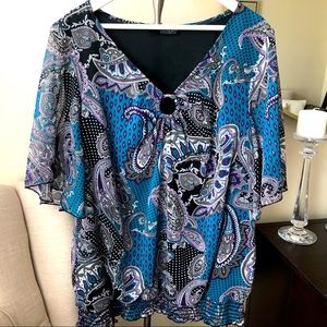 Pennington’s 18W Black, Purple, Teal Paisley Patterned Blouse Flutter Sleeves